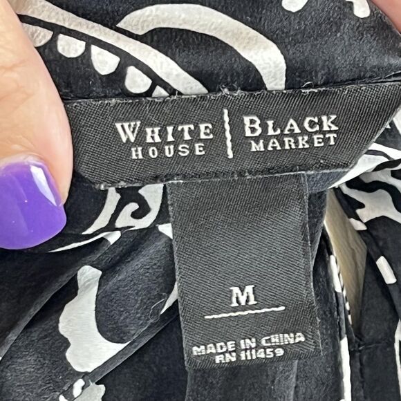 White House Black Market Top Womens Medium Black Silk Floral Boho Whimsigoth - Picture 5 of 7